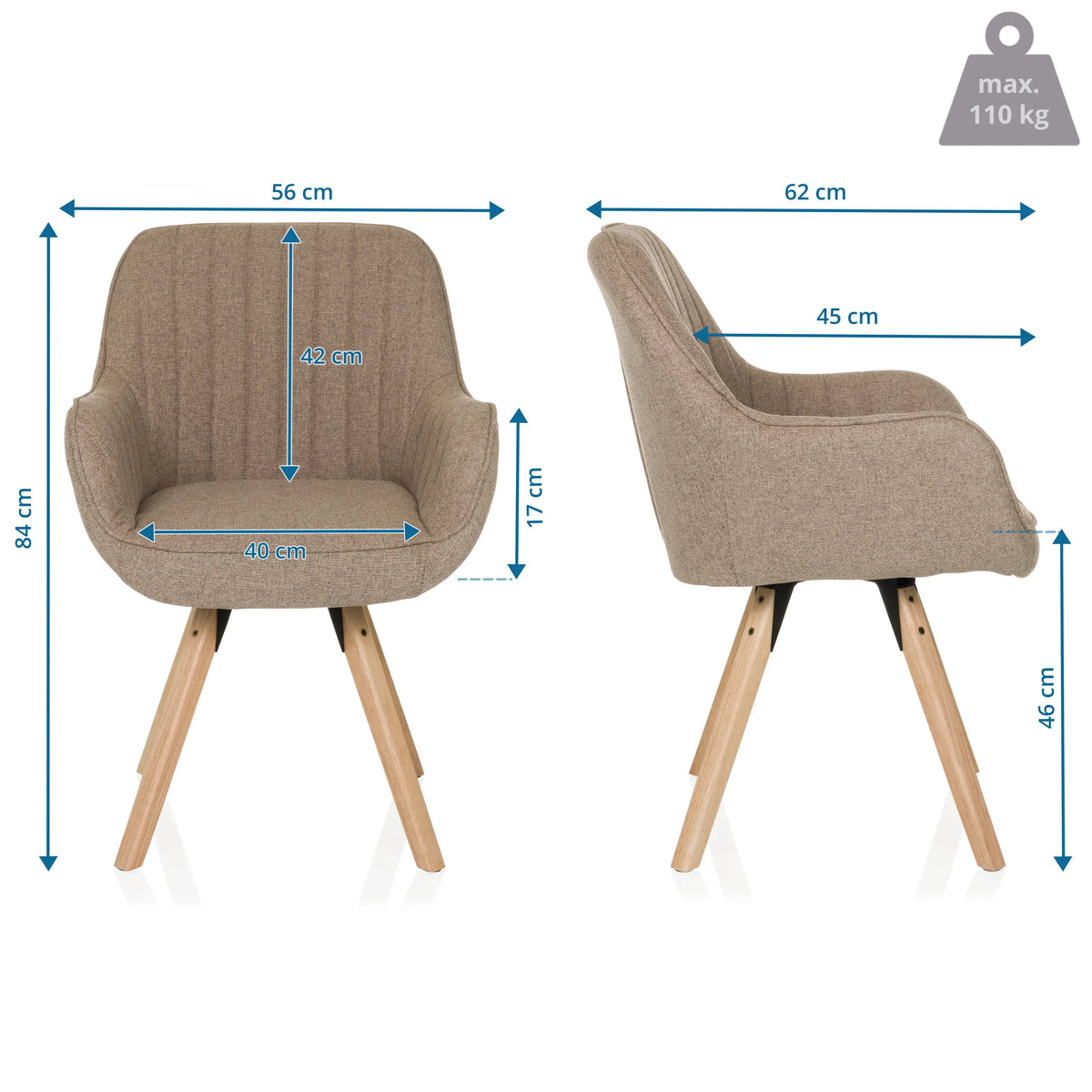 Dibujo dimensional de la silla tapizada SCANDI SOFT con una altura de 84 cm y anchura de 56 cm de hjh LIVING