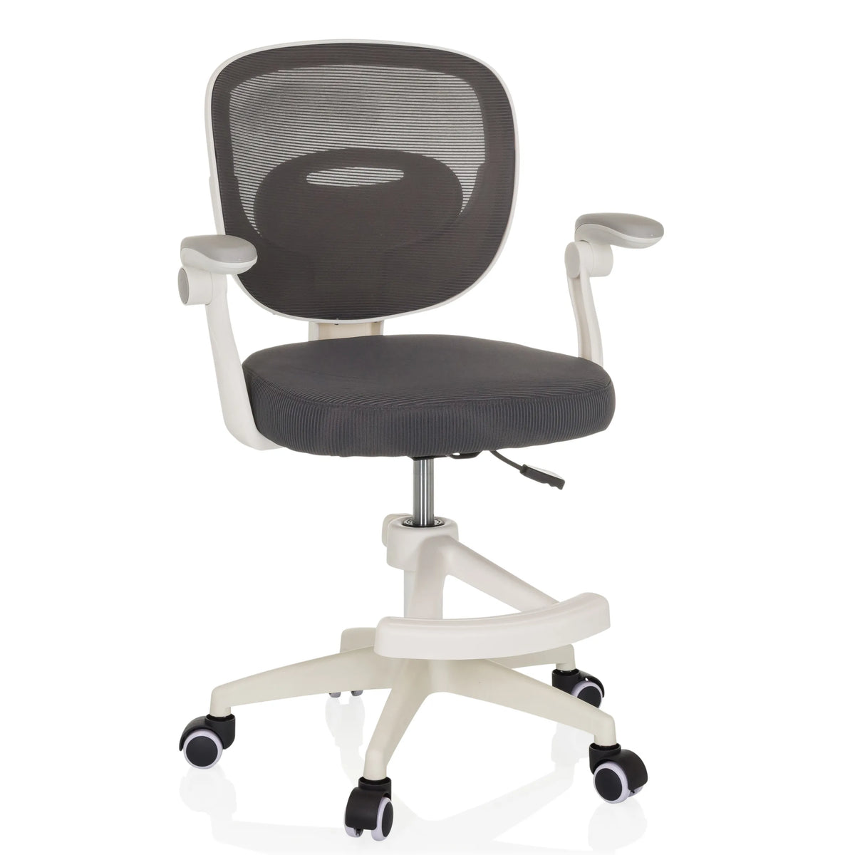 Silla giratoria para niños KIDDY SMART gris con respaldo de malla y base blanca de cinco ruedas de hjh OFFICE – vista de 360° (vista frontal 15°)