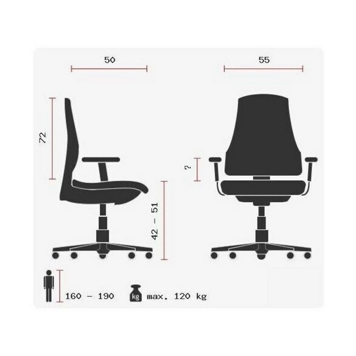 Dibujo técnico del Sillón de alta gama OFFICE RS1 con un ancho de 55 cm de Topstar