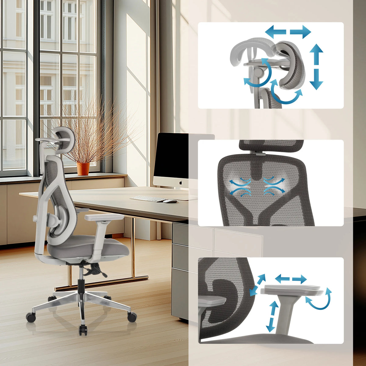 Reposacabezas, soporte lumbar y reposabrazos ajustables de la Silla alta gama CASSILIS W de hjh OFFICE