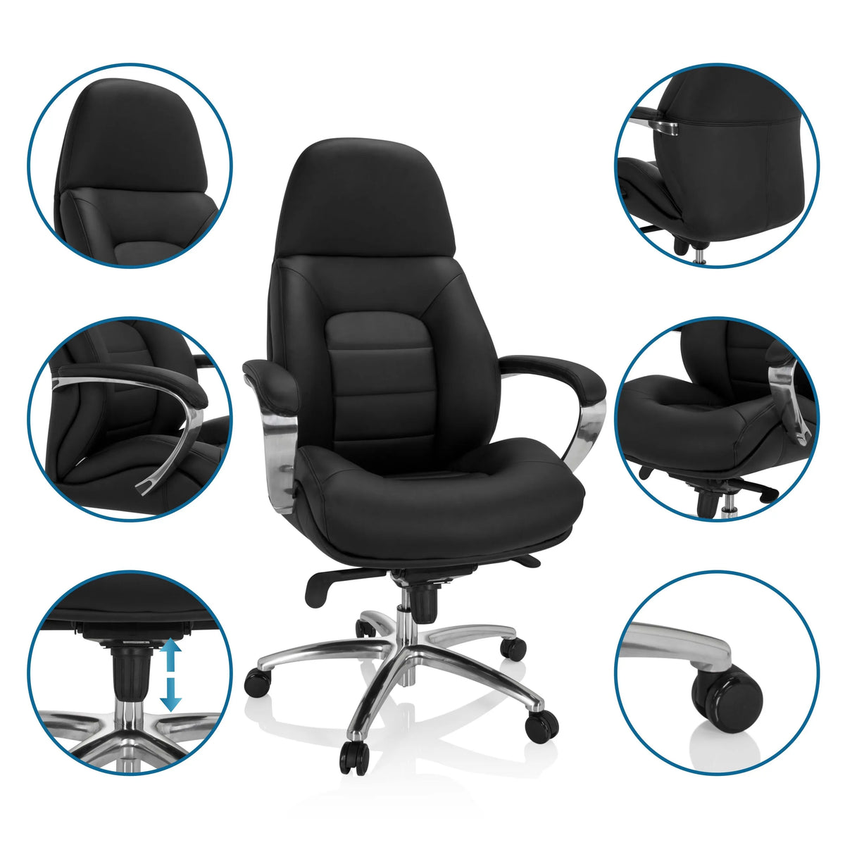 Silla giratoria BRENTON XXL en negro con base cromada y vistas detalladas de hjh OFFICE