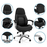 Silla giratoria BRENTON XXL en negro con base cromada y vistas detalladas de hjh OFFICE
