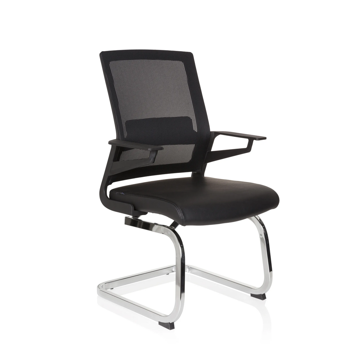 Silla de viga voladiza INVENTOR V PRO negra con respaldo de malla, reposabrazos y base de patines de hjh OFFICE – vista de 360° (vista frontal en diagonal 40°)