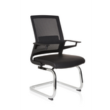 Silla de viga voladiza INVENTOR V PRO negra con respaldo de malla, reposabrazos y base de patines de hjh OFFICE – vista de 360° (vista frontal en diagonal 40°)