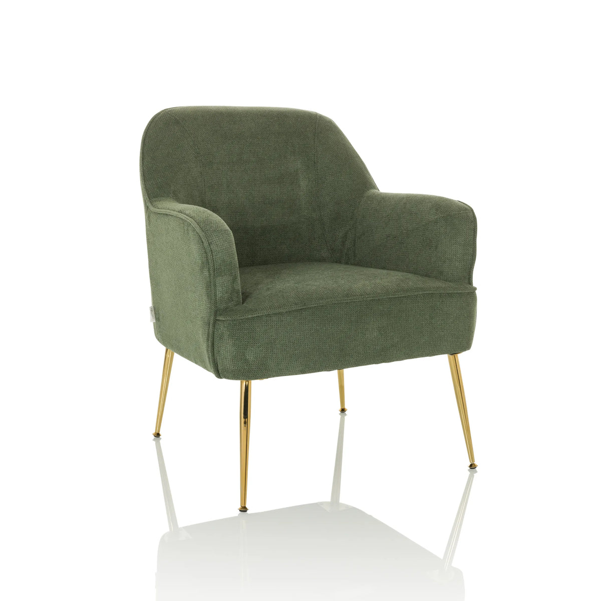 Sillón de diseño verde THASSOS con reposabrazos y patas de metal doradas de hjh LIVING – vista de 360° (vista frontal en diagonal 30°)