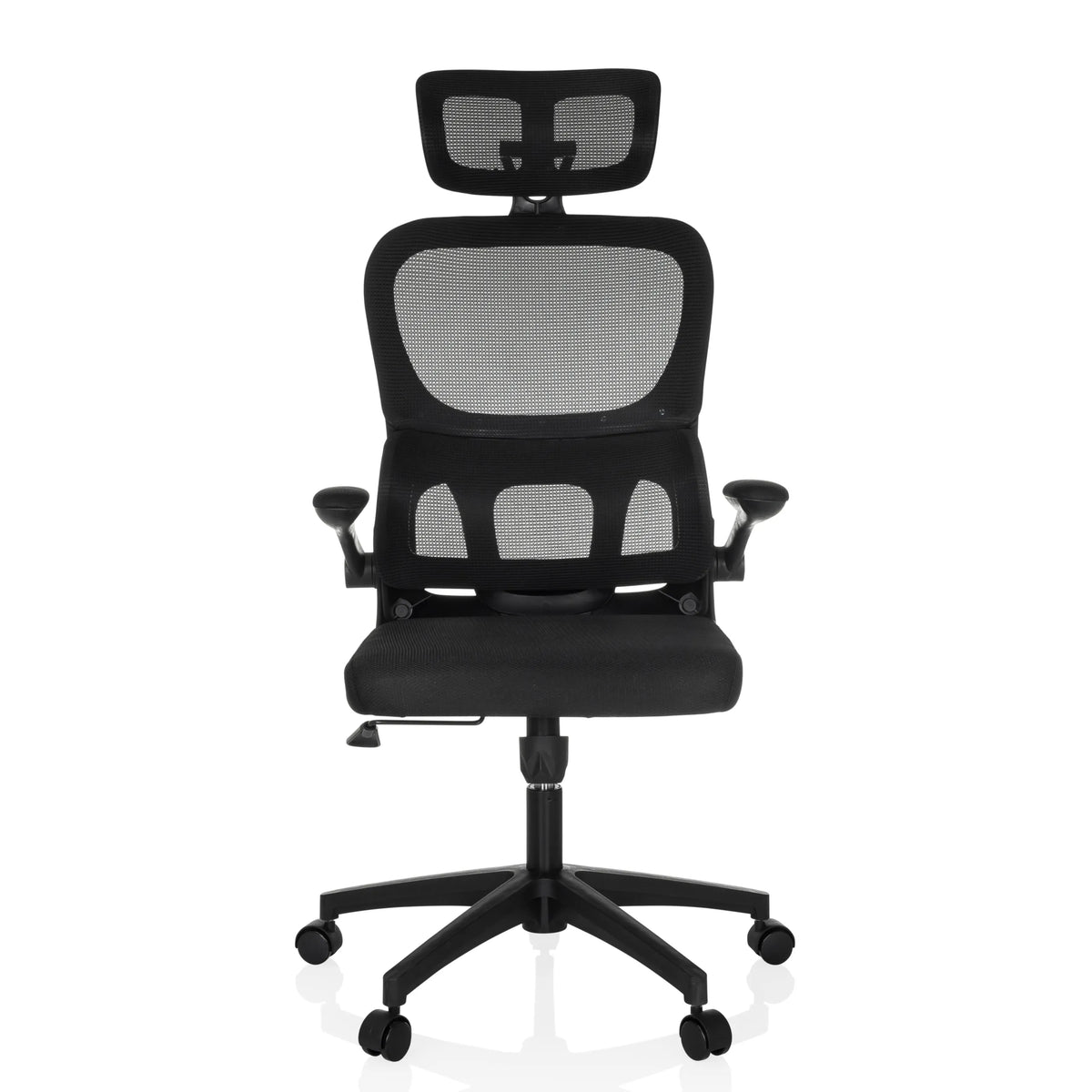 Silla Home Office ERGOMY FLEX negra con respaldo de malla, reposacabezas y base de cinco ruedas de MyBuero – vista de 360° (vista frontal 0°)