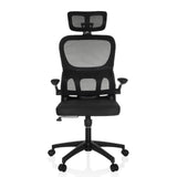 Silla Home Office ERGOMY FLEX negra con respaldo de malla, reposacabezas y base de cinco ruedas de MyBuero – vista de 360° (vista frontal 0°)