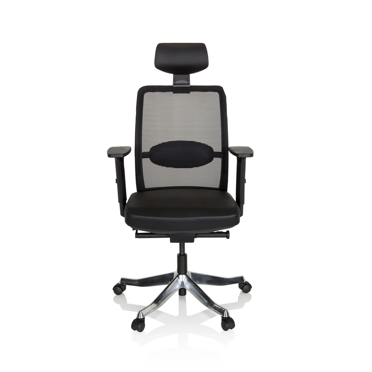 Sillón de alta gama SENATOR PRO negro con respaldo de malla, reposacabezas y base de cinco ruedas de hjh OFFICE – vista de 360° (vista frontal 0°)