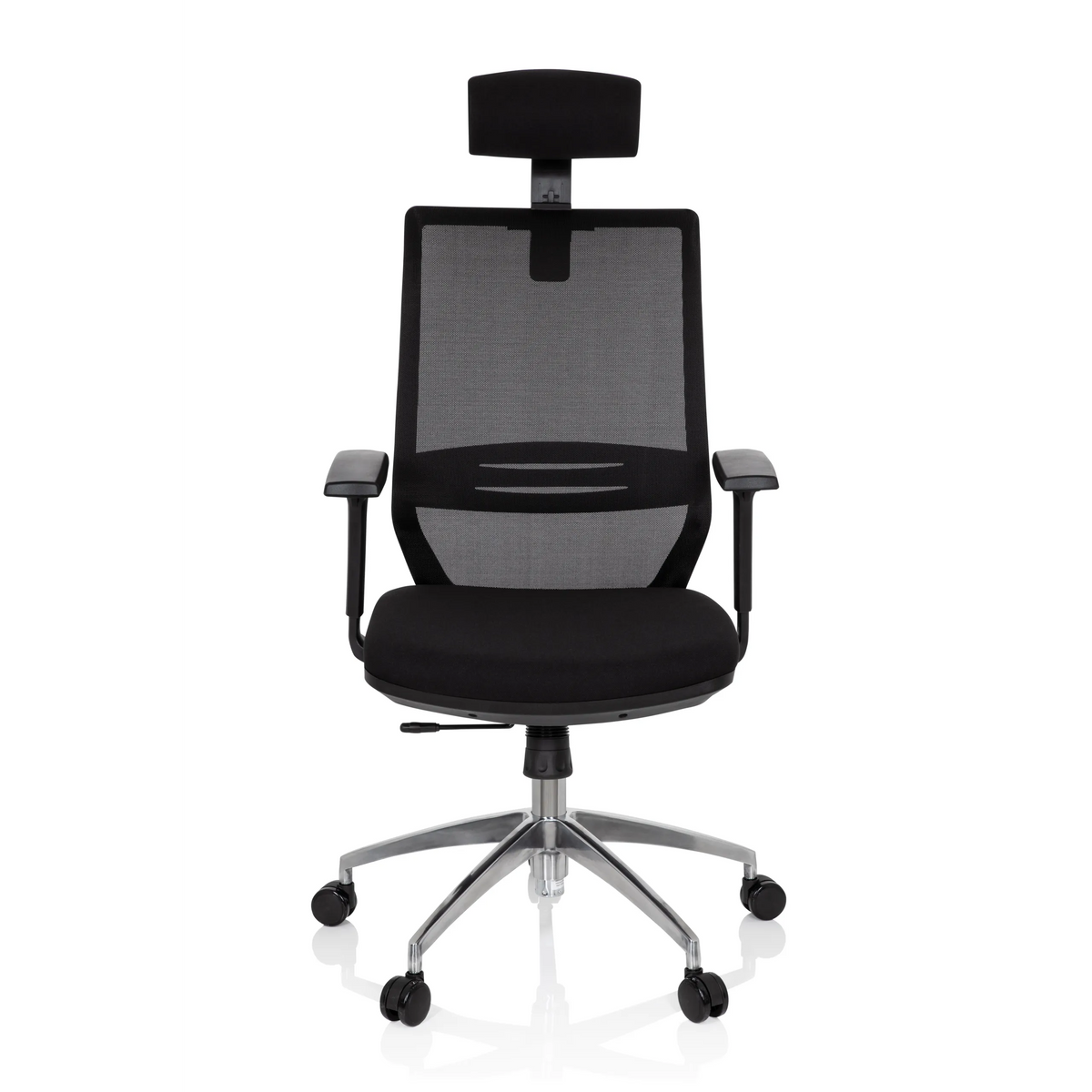 Silla de oficina profesional PROFONDO PRO negra con respaldo de malla, reposacabezas y base de cinco ruedas de hjh OFFICE – vista de 360° (vista frontal 0°)