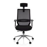 Silla de oficina profesional PROFONDO PRO negra con respaldo de malla, reposacabezas y base de cinco ruedas de hjh OFFICE – vista de 360° (vista frontal 0°)