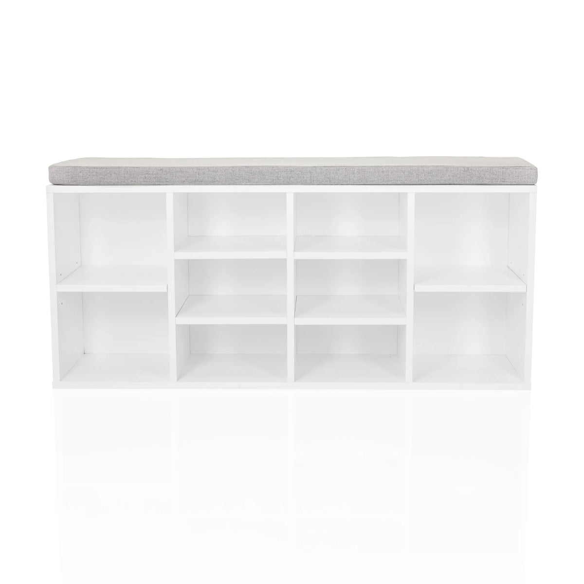 Armario zapatero ESTHA 10 blanco con cojín gris para sentarse y estantes abiertos de hjh LIVING