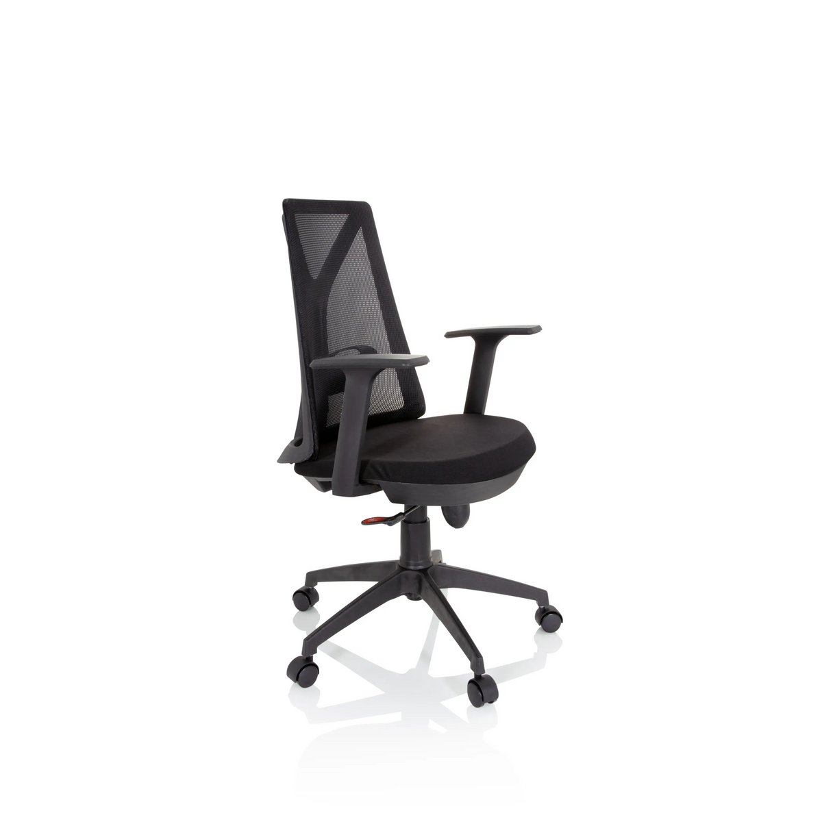 Silla Home Office FALUN BASIC negra con respaldo de malla y base de cinco ruedas de hjh OFFICE – vista de 360° (vista frontal en diagonal 60°)