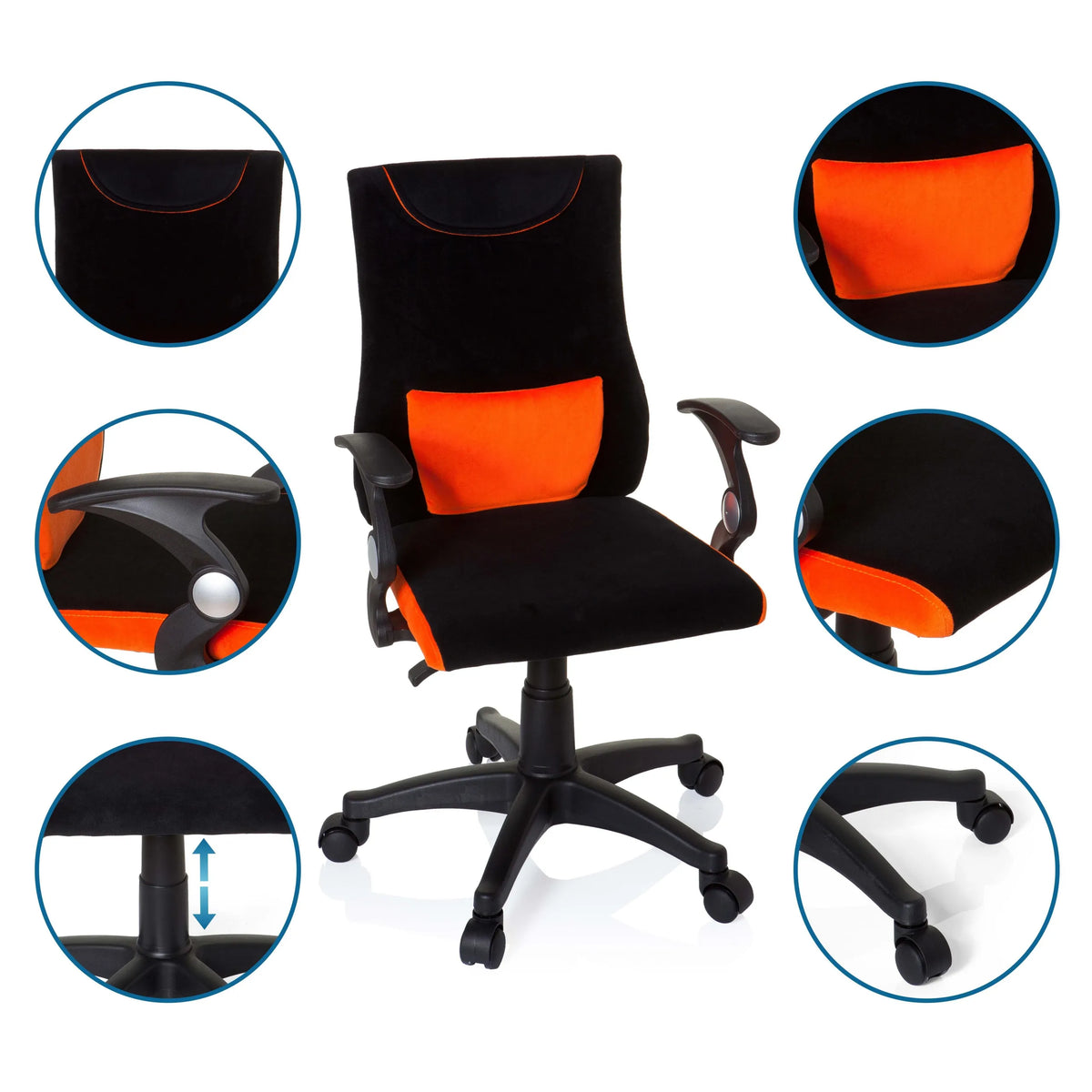 Silla giratoria para niños KIDDY PRO AL en negro-naranja con vistas detalladas de los reposabrazos y la base en estrella de hjh OFFICE