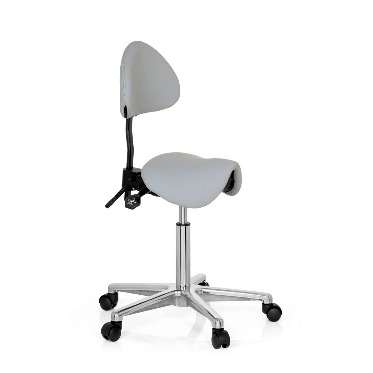 taburete de silla de montar TOP WORK 20 gris con respaldo y base de cinco ruedas de hjh OFFICE – vista de 360° (vista frontal en diagonal 60°)