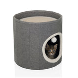 Cueva para gatos PAWY R gris con borde de piel blanca en la entrada y una pequeña pelota de juguete de hjh LIVING