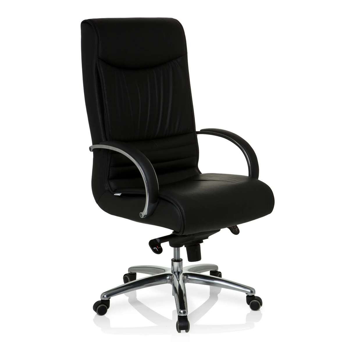 Silla giratoria XXL F 400 negra de cuero con base de estrella y cinco ruedas de hjh OFFICE – vista de 360° (vista frontal en diagonal 40°)