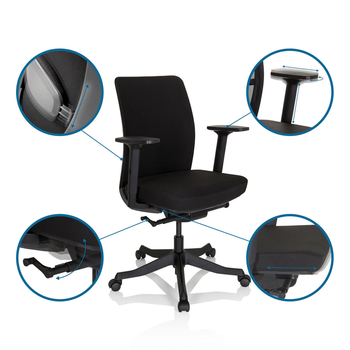 Opciones de ajuste de la Silla de oficina profesional SENATOR en reposabrazos, altura del asiento y profundidad del asiento de hjh OFFICE