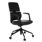 Silla de oficina profesional ATMOS DESIGNER negra con reposabrazos y base de cinco ruedas de hjh OFFICE – vista de 360° (vista frontal en diagonal 45°)