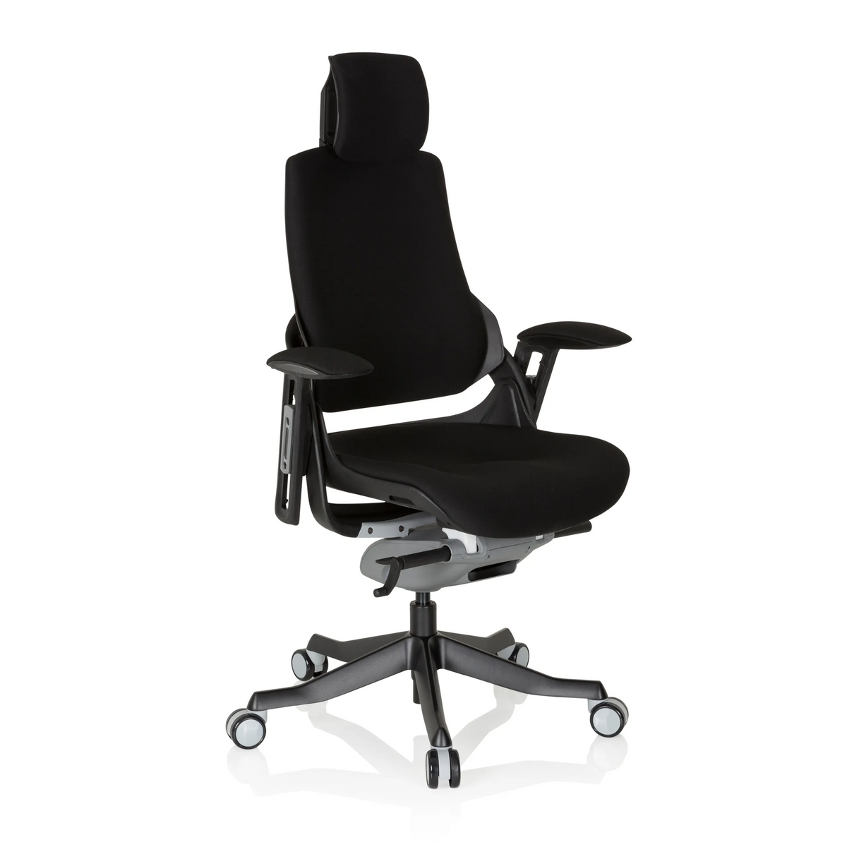 Silla de oficina profesional SPEKTRE BLACK negra con reposacabezas, reposabrazos y base de cinco ruedas de hjh OFFICE – vista de 360° (vista frontal en diagonal 40°)