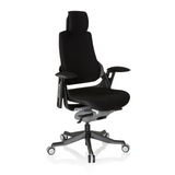 Silla de oficina profesional SPEKTRE BLACK negra con reposacabezas, reposabrazos y base de cinco ruedas de hjh OFFICE – vista de 360° (vista frontal en diagonal 40°)