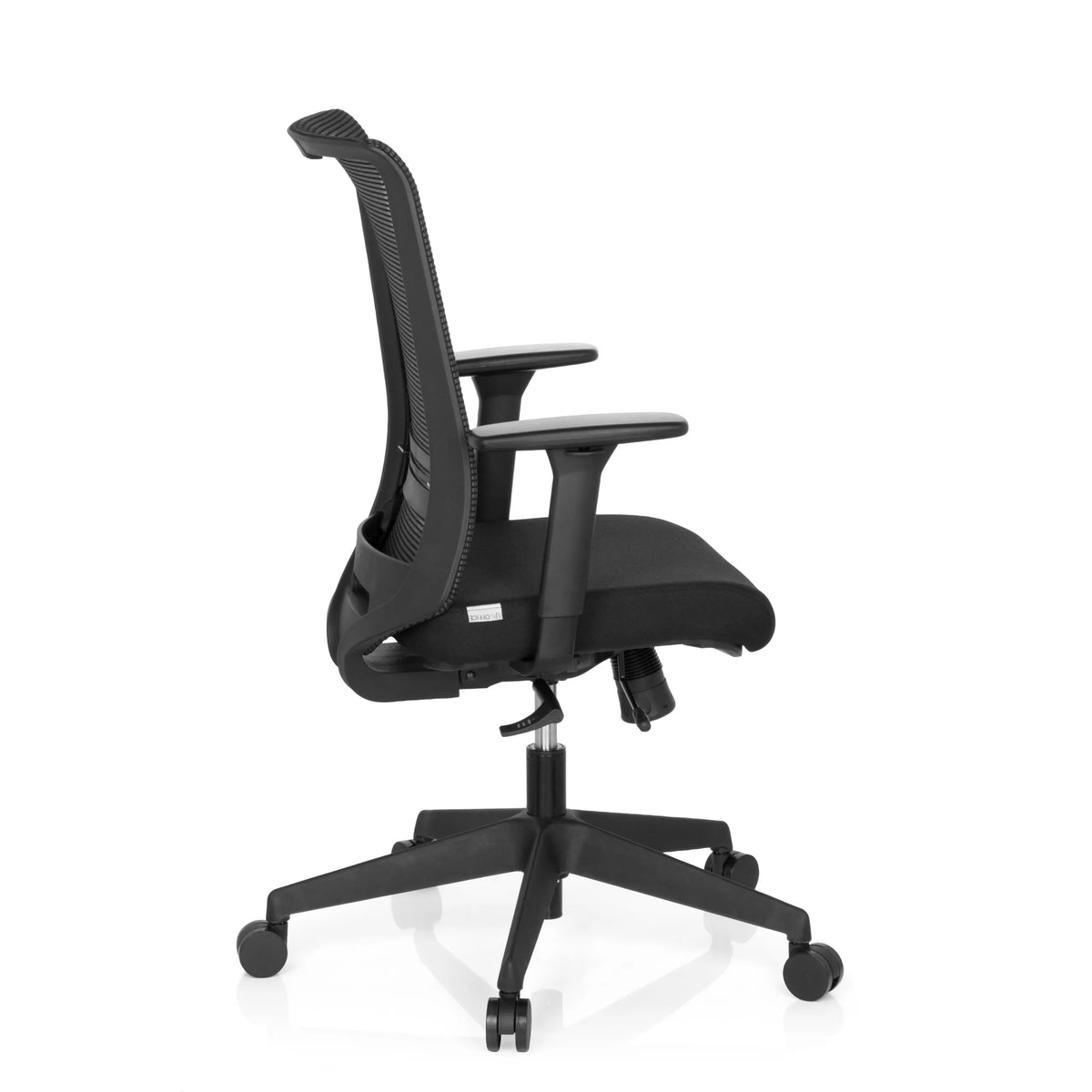 Silla de oficina profesional CONISTON negra con respaldo de malla y base de cinco ruedas de hjh OFFICE – vista de 360° (vista lateral 100°)