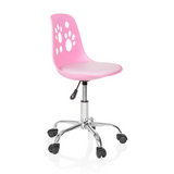 Silla giratoria para niños FANCY I rosa con motivos de huellas en el respaldo y base de cinco ruedas de hjh OFFICE – vista de 360° (vista frontal en diagonal 60°)