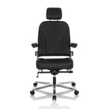Silla giratoria XXL 24 HOURS F negra de cuero con reposacabezas y base de cinco ruedas de hjh OFFICE – vista de 360° (vista frontal 0°)
