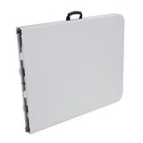 Mesa plegable EASY UP MULTI II plegada en color blanco con medidas de 152 x 70 cm y asa de transporte de hjh OFFICE