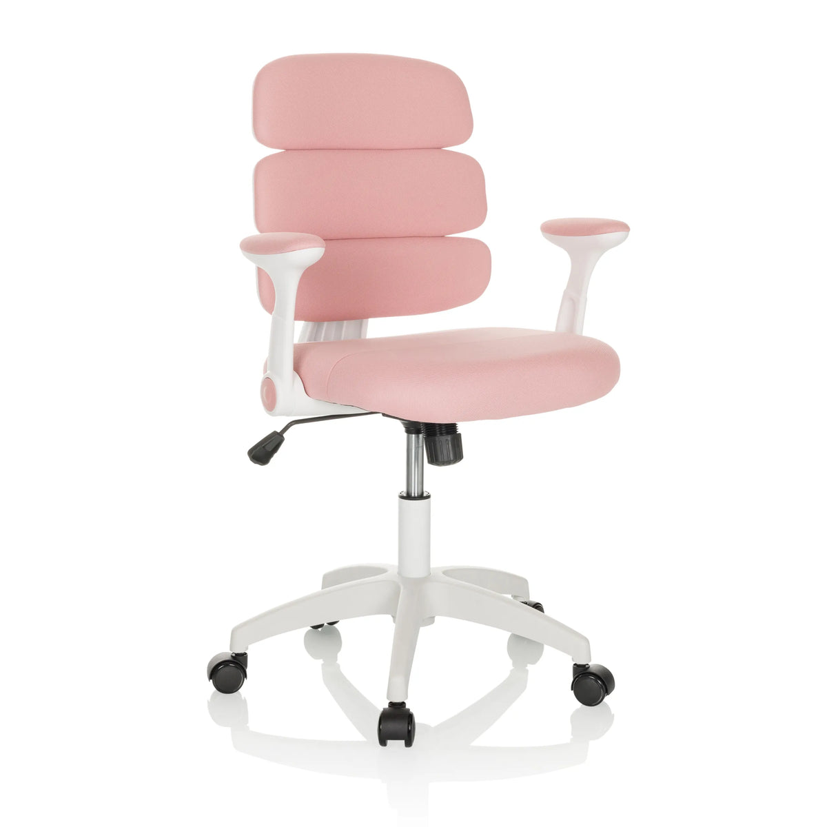 Silla giratoria para niños KID ERGOLINO W rosa con respaldo segmentado y base blanca de cinco ruedas de hjh OFFICE – vista de 360° (vista frontal en diagonal 30°)