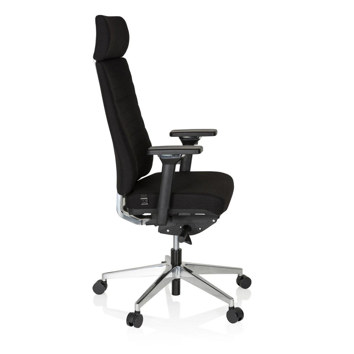 Silla de oficina profesional MOVE-TEC PRO 3D negra con reposacabezas y base de cinco ruedas de hjh OFFICE – vista de 360° (vista lateral 80°)