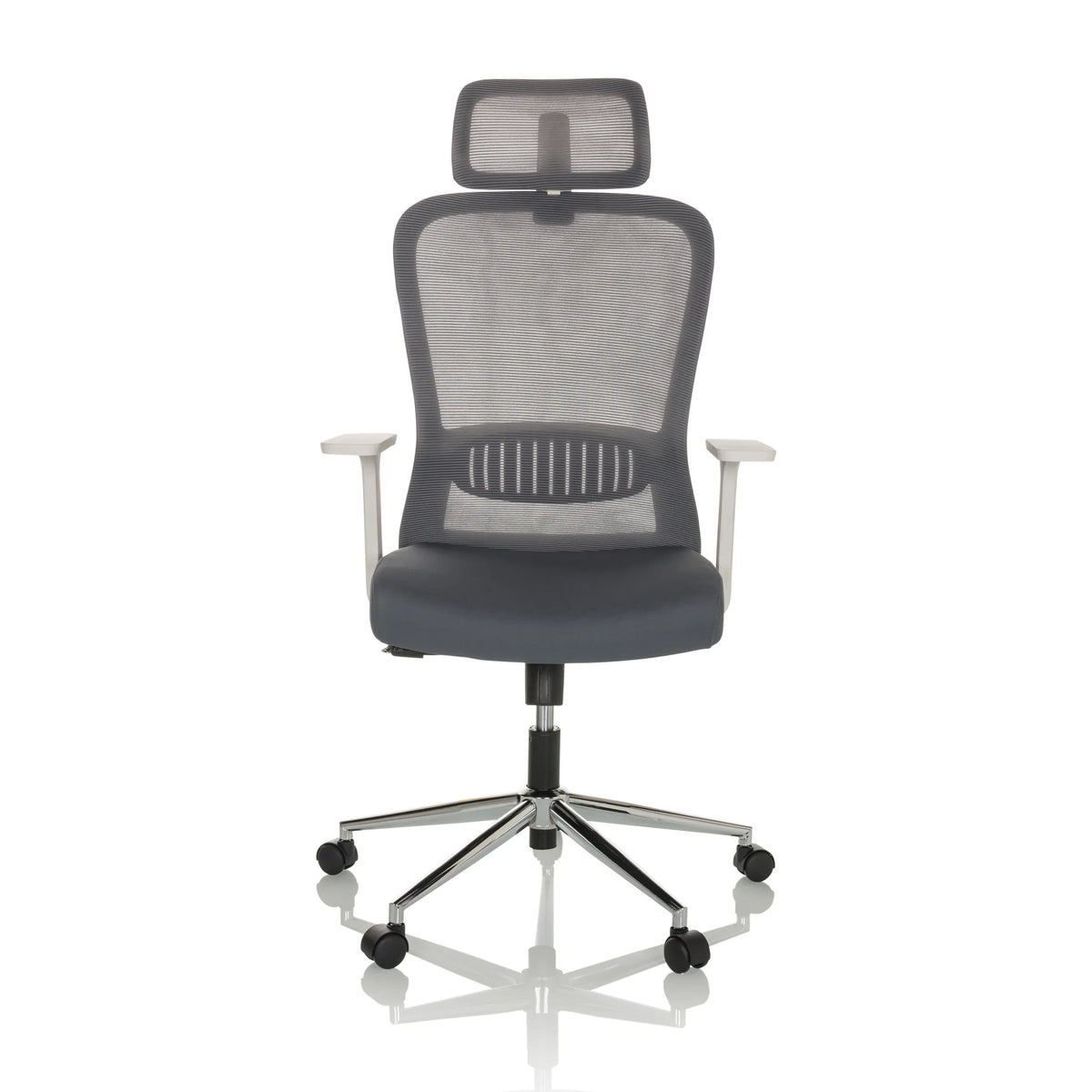 Silla Home Office BELAIA W gris con respaldo de malla, reposacabezas y base de cinco ruedas de hjh OFFICE – vista de 360° (vista frontal 0°)