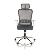 Silla Home Office BELAIA W gris con respaldo de malla, reposacabezas y base de cinco ruedas de hjh OFFICE – vista de 360° (vista frontal 0°)