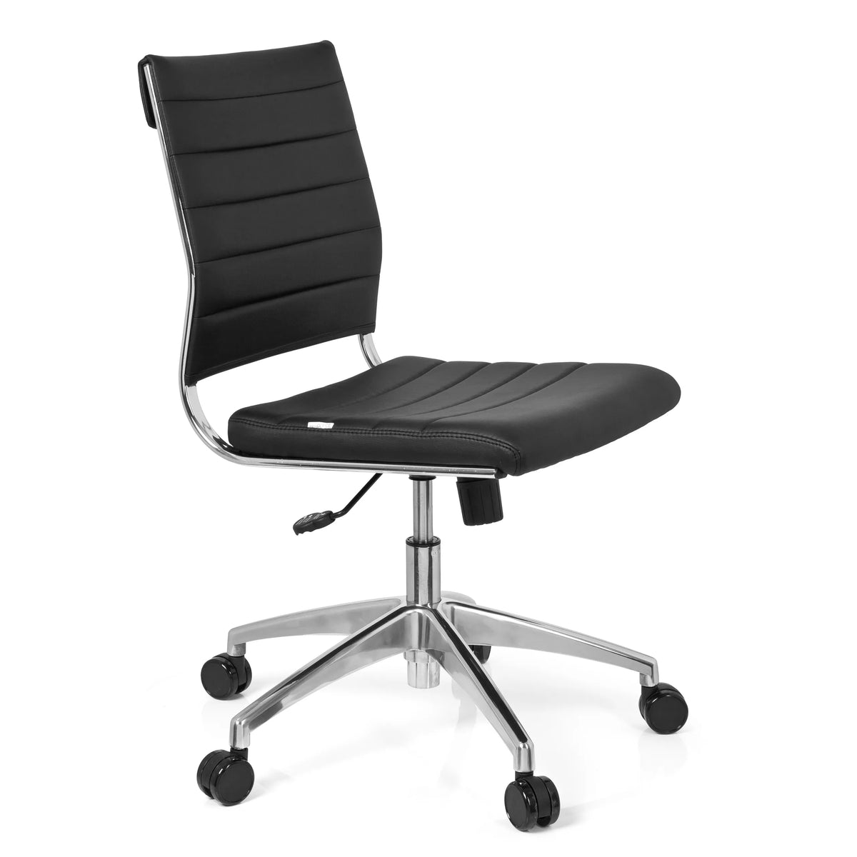 Silla de oficina profesional TRISHA negra con tapicería acolchada y base de cinco ruedas de hjh OFFICE – vista de 360° (vista frontal en diagonal 60°)