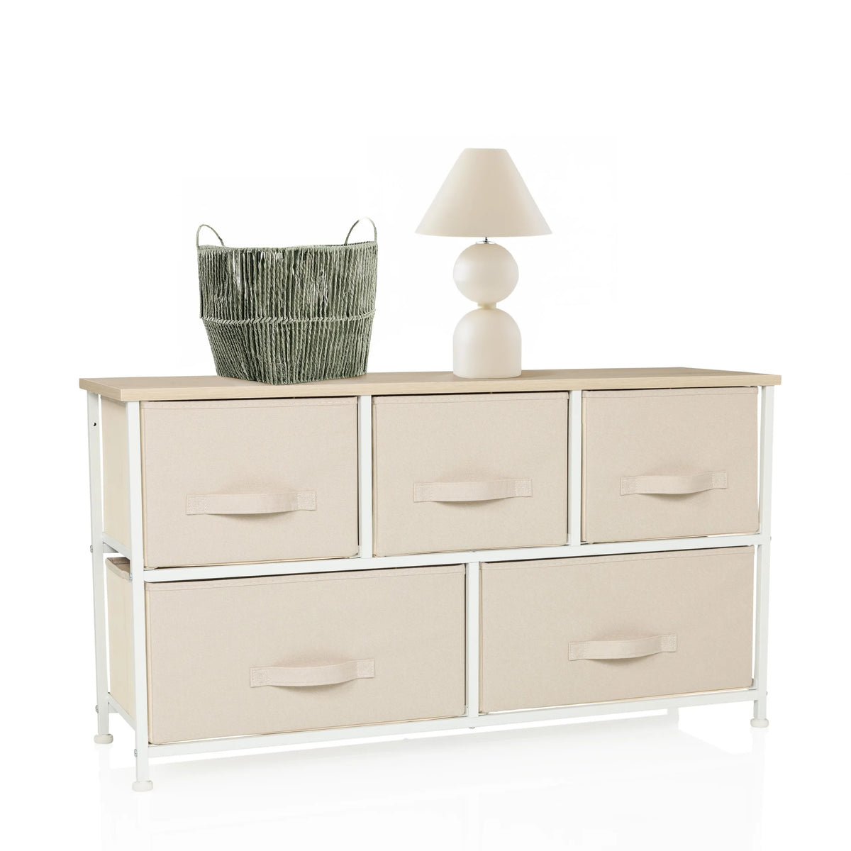 Cómoda FOLDAR en beige con cinco cajones de tela y estructura blanca de hjh LIVING