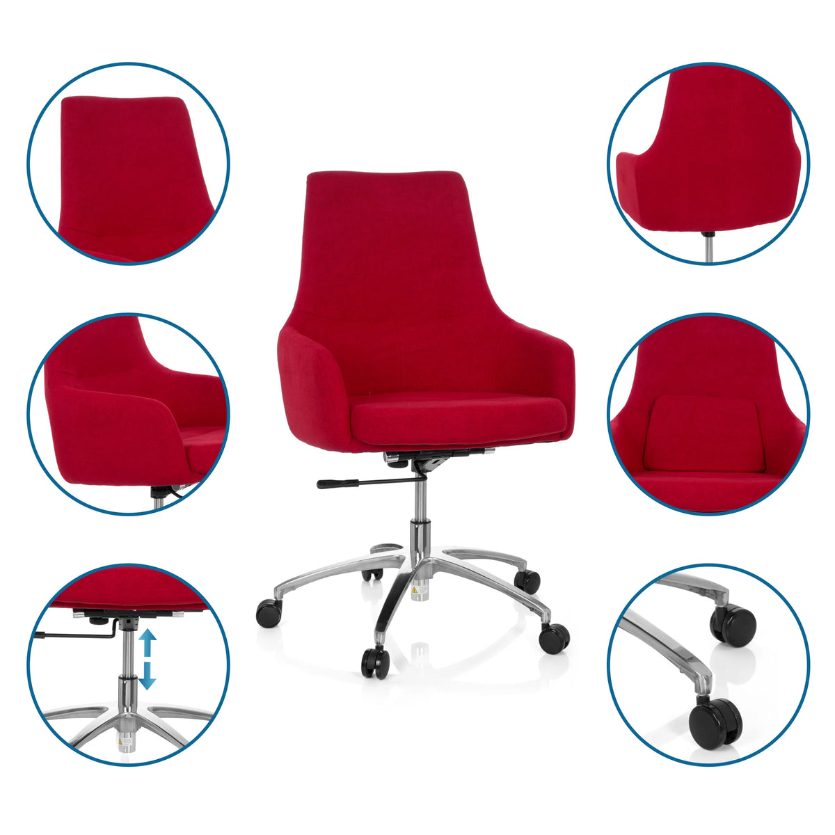 Silla Home Office roja SHAKE 100 con vistas detalladas del tapizado, el pistón de gas y las ruedas dobles de hjh OFFICE