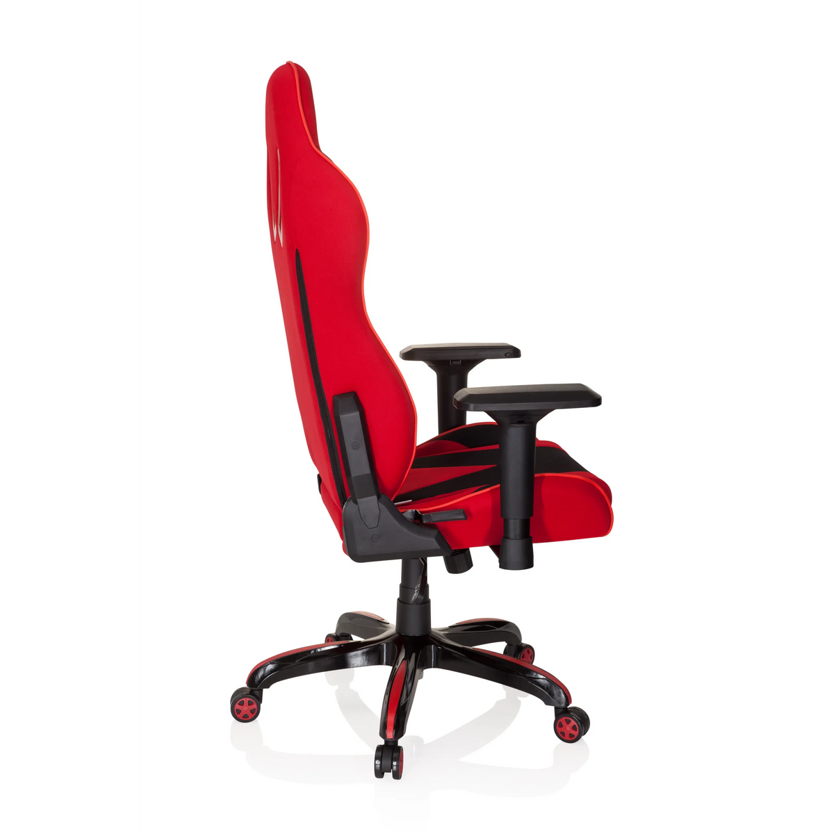 Silla gaming PROMOTER II en rojo y negro con reposabrazos y base de cinco ruedas de hjh OFFICE – vista de 360° (vista lateral 100°)