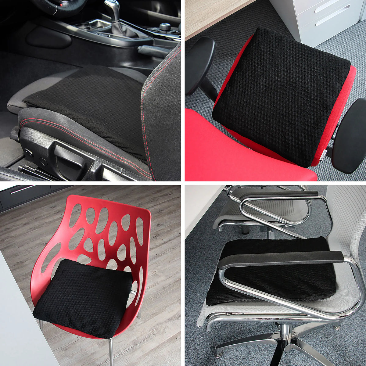 Cojín del asiento negro MEDISIT I en diversas situaciones de uso en sillas y en el asiento de un coche de hjh OFFICE
