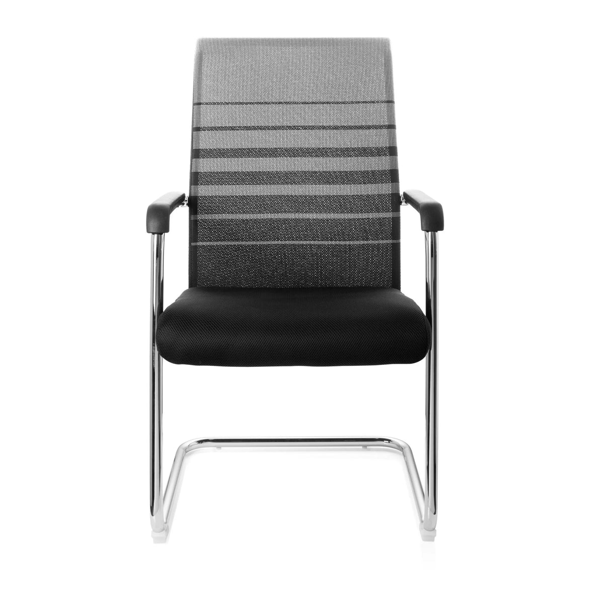 Silla de viga voladiza FALCONE V en negro y gris con respaldo de malla, reposabrazos y estructura de patín de hjh OFFICE – vista de 360° (vista frontal 0°)