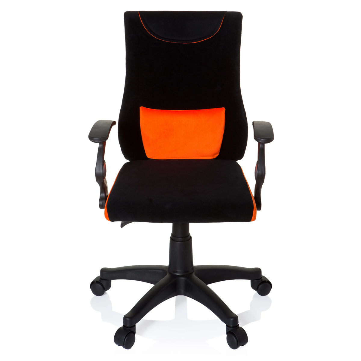 Schwarz-orangefarbener Kinderdrehstuhl KIDDY PRO AL mit Lendenkissen und Fußkreuz mit fünf Rollen von hjh OFFICE – 360-Grad-Ansicht (Frontansicht 0°)