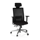 Sillón de oficina profesional CAPTIVA negro con respaldo de malla, reposacabezas y base de cinco ruedas de hjh OFFICE – vista de 360° (vista frontal 20°)
