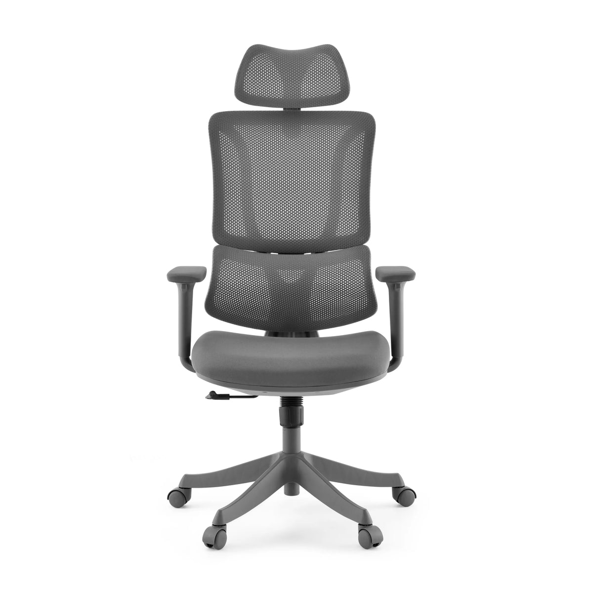 Silla Home Office Ergomy Colore gris con respaldo de malla y base de cinco ruedas de MyBuero – vista de 360° (vista frontal 0°)