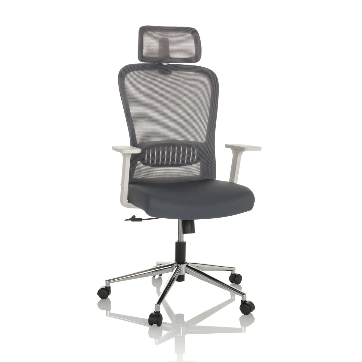 Silla Home Office BELAIA W gris con respaldo de malla, reposacabezas y base de cinco ruedas de hjh OFFICE – vista de 360° (vista frontal 15°)