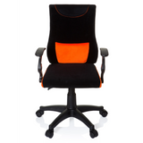 Silla giratoria para niños KIDDY PRO AL en color negro y naranja con cojín lumbar y base de cinco ruedas de hjh OFFICE – vista de 360° (vista frontal 0°)