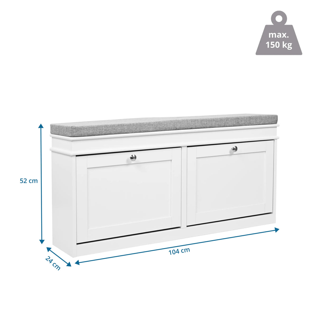 Plano dimensional del armario zapatero Estha 11 con 104 × 52 cm y una capacidad de carga máxima de 150 kg de hjh LIVING