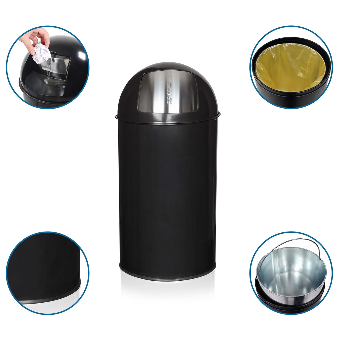 Papelera negra PUSH 50L con vistas detalladas de la abertura, la bolsa de basura y el cubo interior de hjh OFFICE