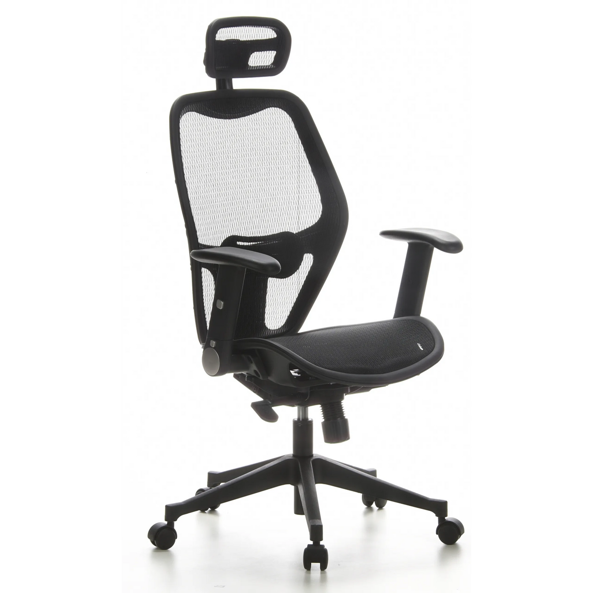 Silla de oficina profesional AIR-PORT negra con respaldo de malla, reposacabezas y base de cinco ruedas de hjh OFFICE – vista de 360° (vista frontal en diagonal 40°)