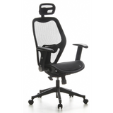 Silla de oficina profesional AIR-PORT negra con respaldo de malla, reposacabezas y base de cinco ruedas de hjh OFFICE – vista de 360° (vista frontal en diagonal 40°)