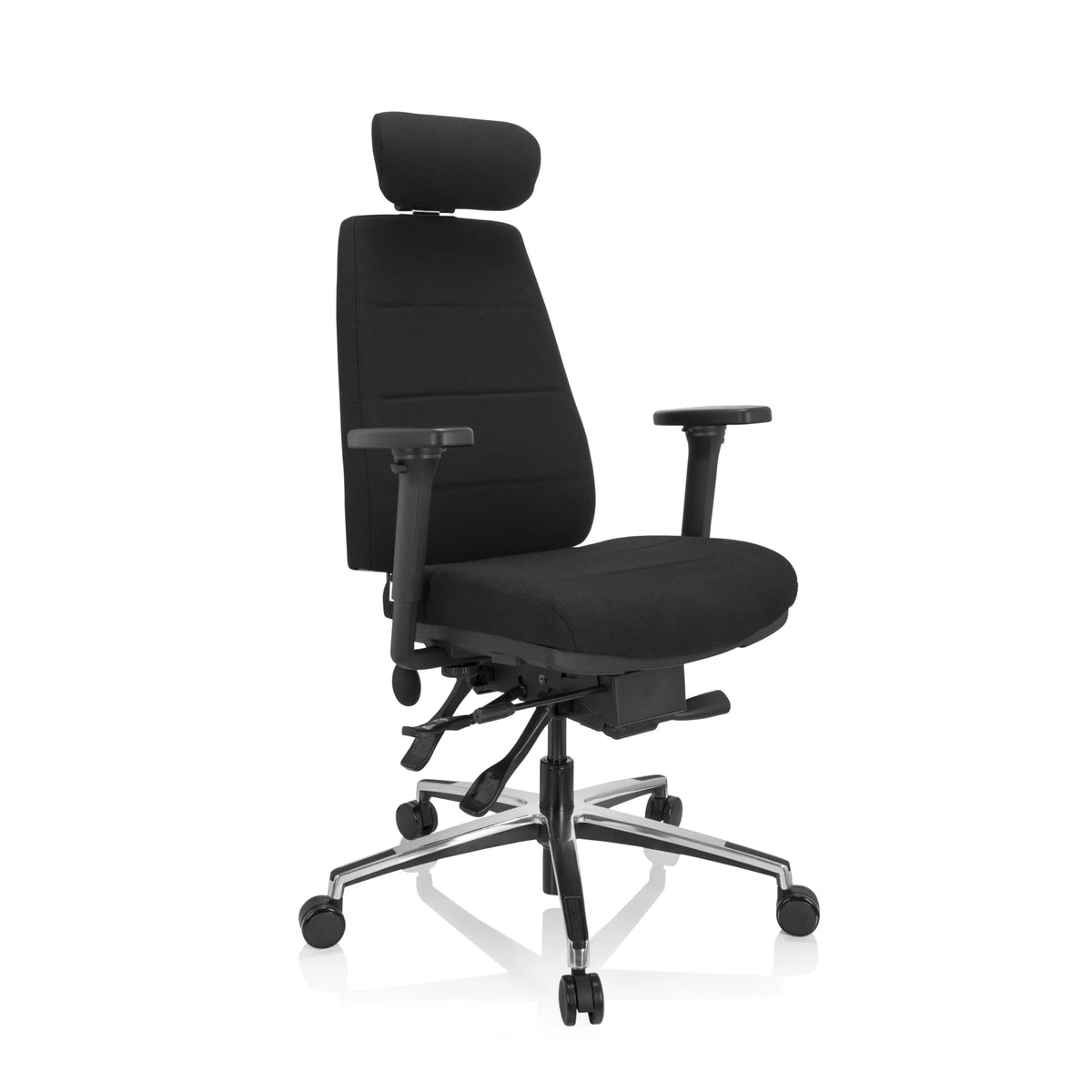 Silla de oficina profesional PHOENIX PRO I negra con reposacabezas y base de cinco ruedas de hjh OFFICE – vista de 360° (vista frontal en diagonal 40°)