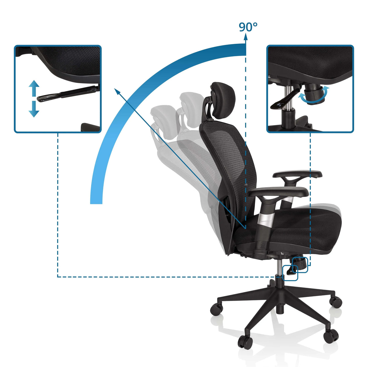 Respaldo ajustable con ángulo de 90° de la Silla alta gama VENUS BASE en negro de hjh OFFICE