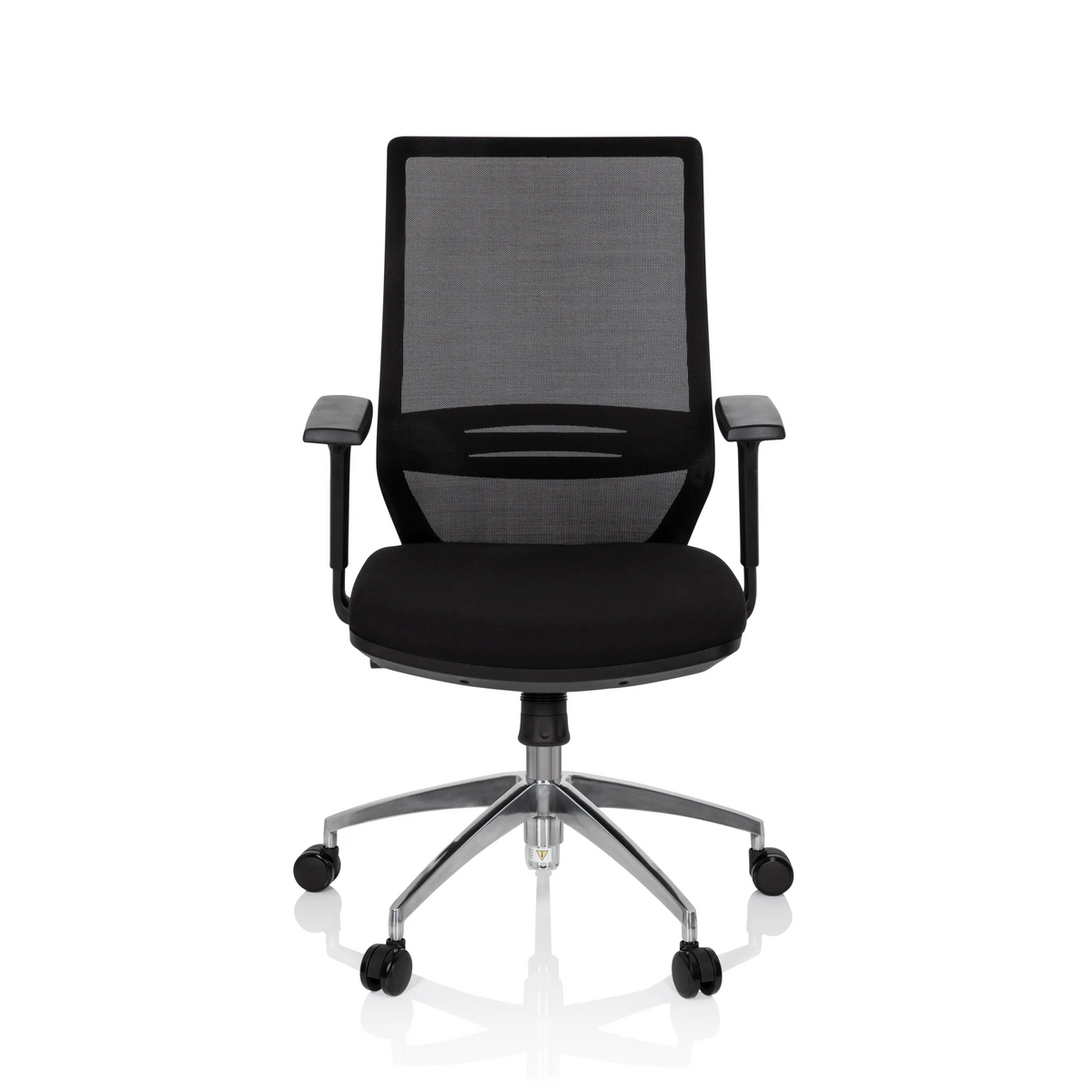 Silla de oficina profesional PROFONDO negra con respaldo de malla y base de cinco ruedas de hjh OFFICE – vista de 360° (vista frontal 0°)